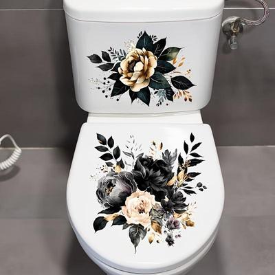 Waterproof Floral Toilet Decals Easy Clean Self Adhesive Fresh Floral Print Stickers for Home Bathroom Refresh Decor