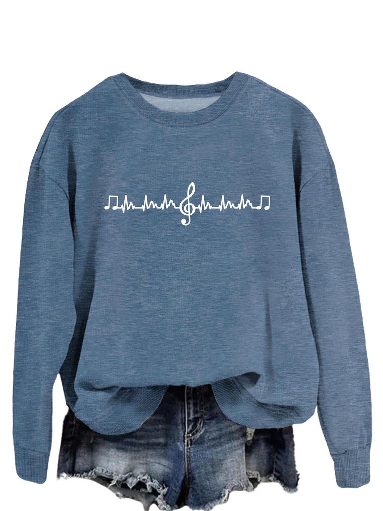 Avrupa & Amerikan Moda Sekizinci Nota Baskılı Çok Yönlü Yuvarlak Yaka Kapüşonlu Sweatshirt - Sonbahar Konforu