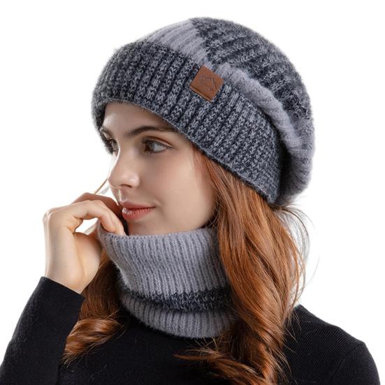 Yousheng 2 Pcs/Set Men Winter Hat Neck Warmer Thick Knit Stretchy Contrast Color Ear Protection Keep Warm Daily Wear Dome Cap Outdoor Skiing Skating