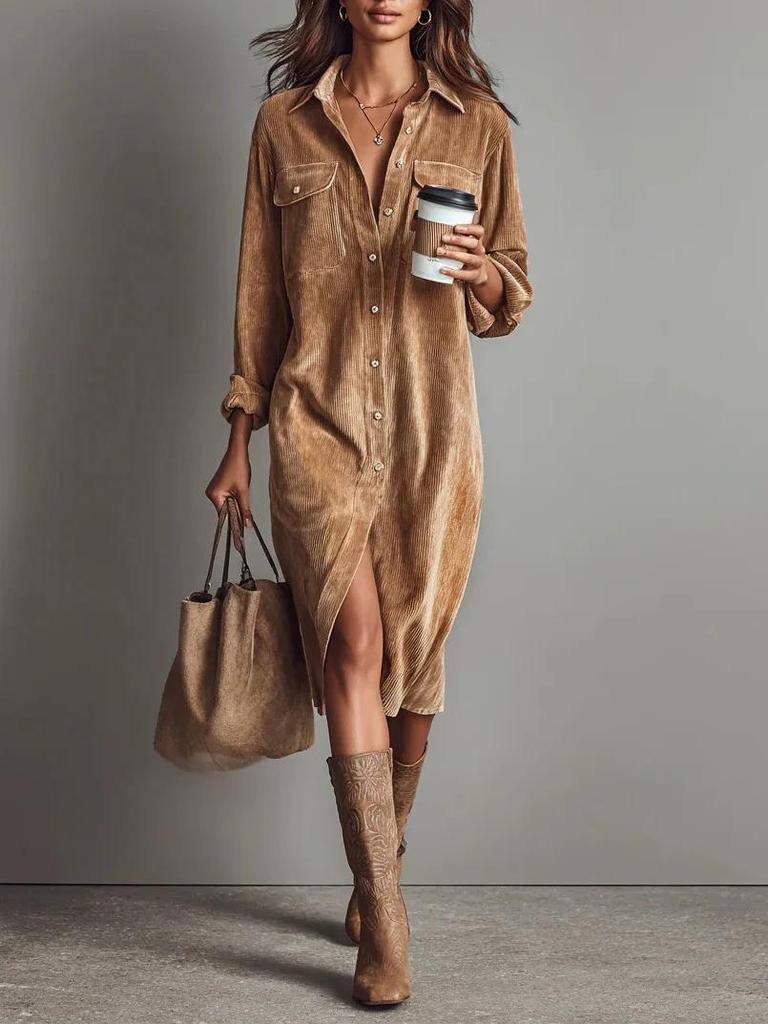 Corduroy Long-Sleeve Lapel Shirt & Loose Skirt Set - Solid Color, 2026 New Style