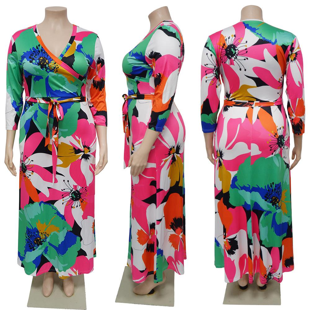 Jarní a podzimní dámské šaty Velké sexy šaty s výstřihem do V a pasem