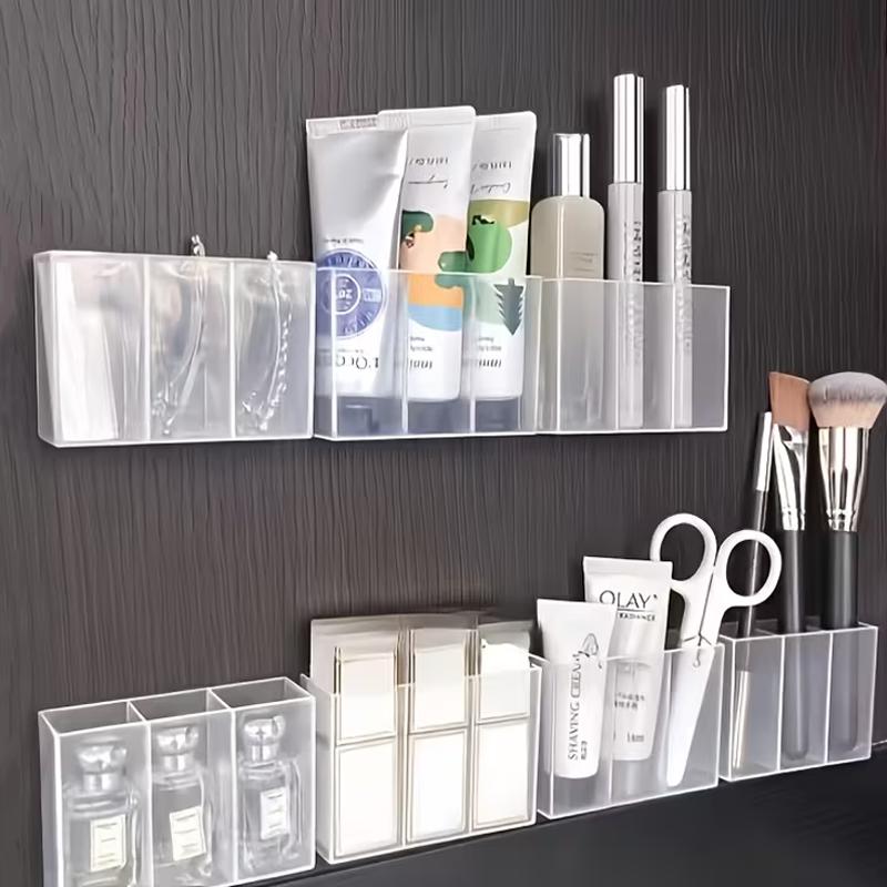 Transparent 3 Grid Wall Storage Box – Self Adhesive No Drill Organizer for Makeup Brushes, Lipstick, Pens, Perfume, Bathroom & Vanity Storage