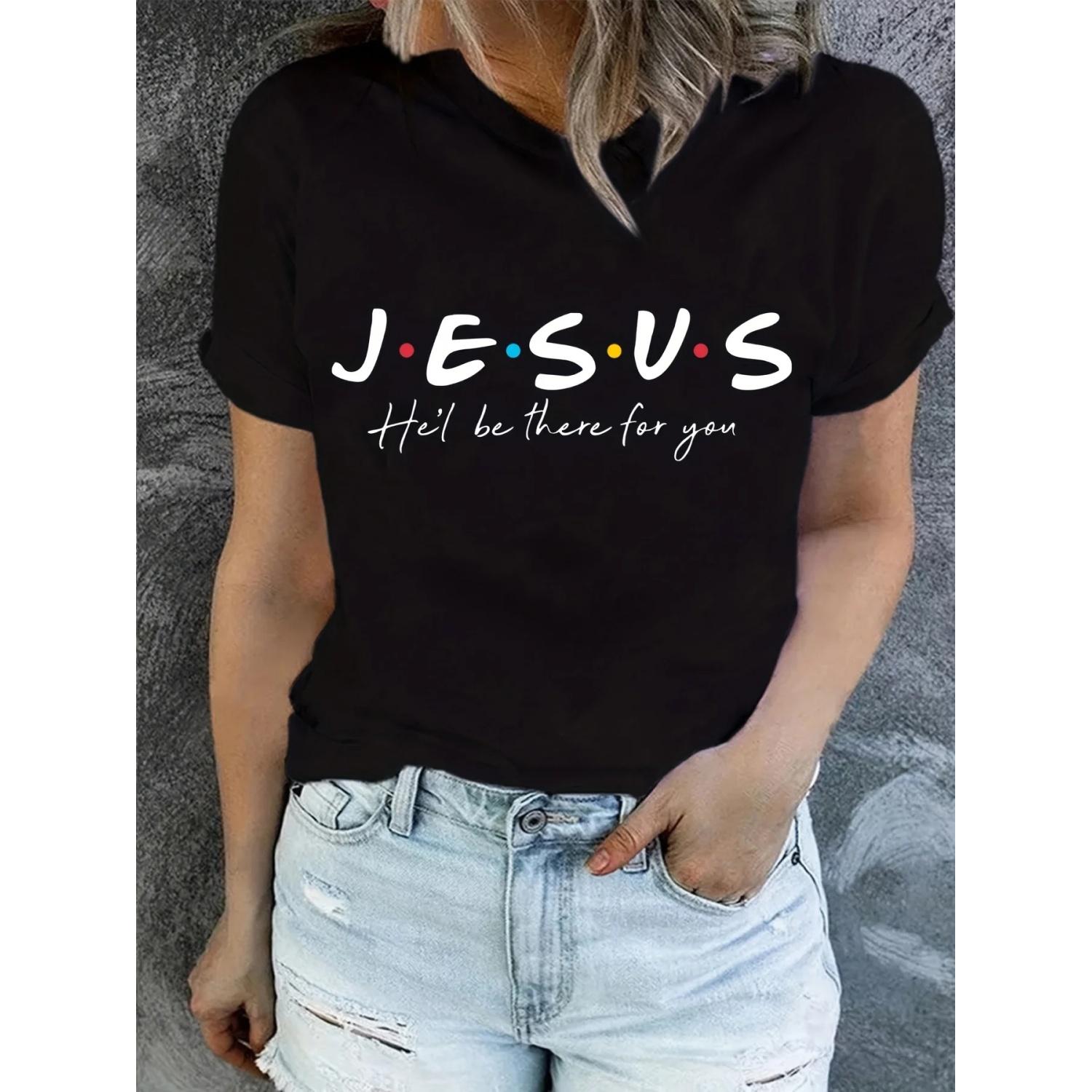 Jesus I Will Be There For You Letter Print T-Shirt Summer Short Sleeve Casual Tops Tee Shirt Femme White Gray Black T-Shirt S чёрный