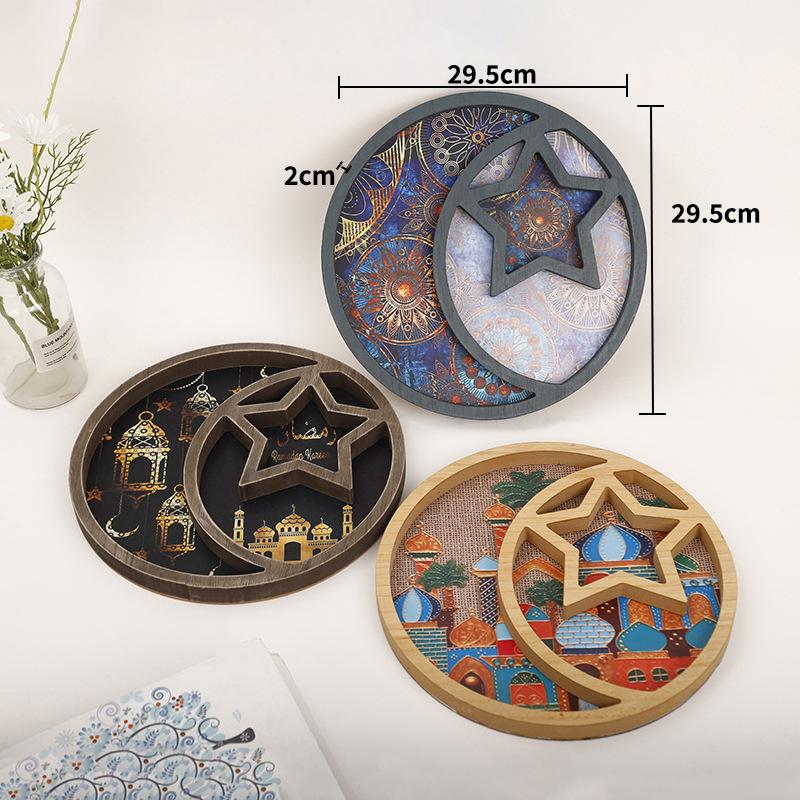 Ramadan Moon Star Serving Tray - Eid Cupcake Candy Plates Mubarak Religious Painting for Family Party Wooden Decorations