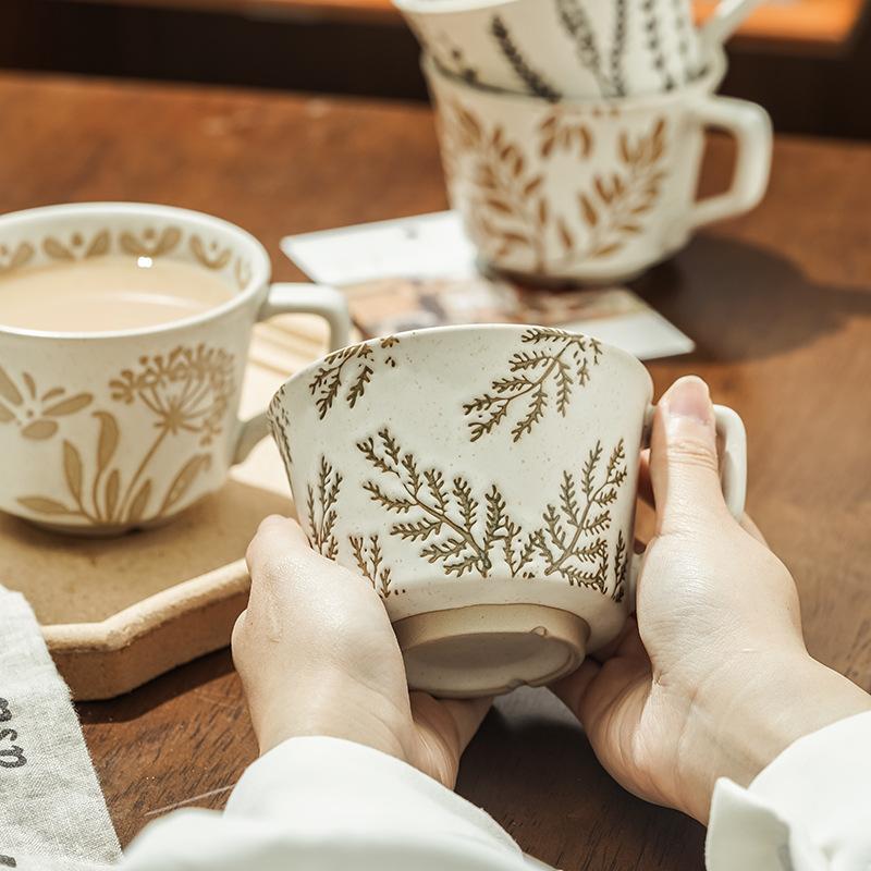 350ML Ceramic Mug Large Coffee Cup Tea Mug Home Office Water Cup Big Breakfast Milk Juice Cup Leaf Pattern Porcelain Drinkware