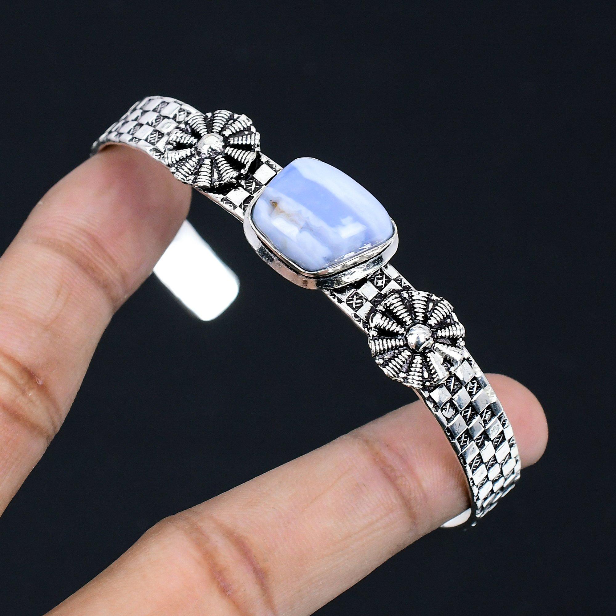 

Daughters Day Sale 925 Silver Trillion Owyhee Blue Opal Stone Bangle Bracelet Adjustable