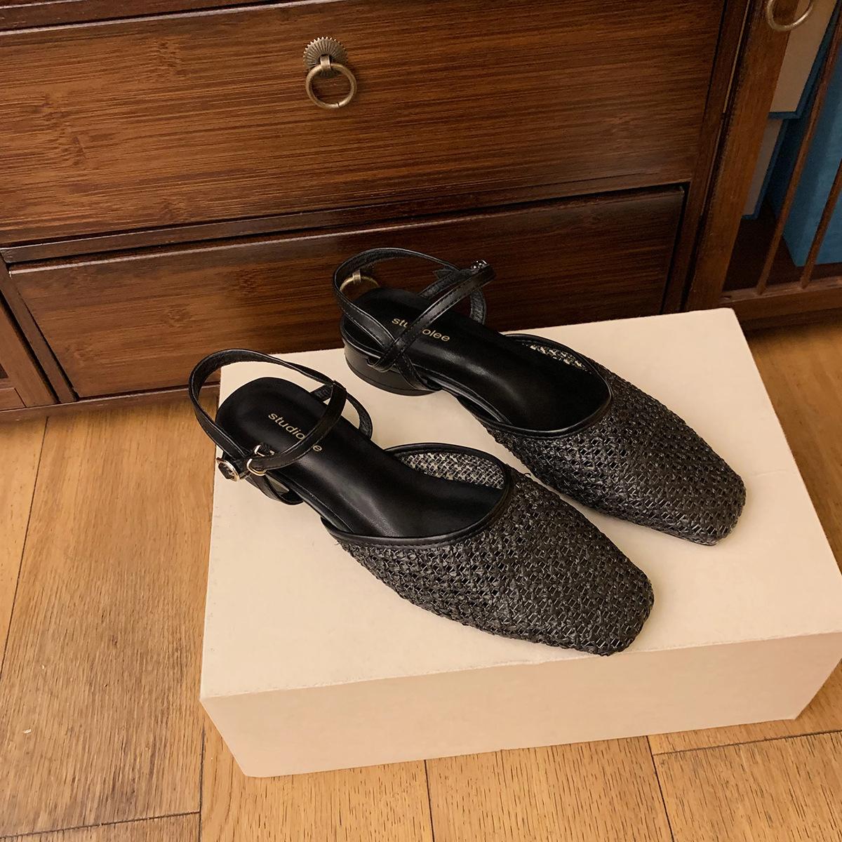 

Sheepskin~ Grape mother French hollow woven sandals women s summer wear light mouth thick heel bag head empty Roman shoes 35