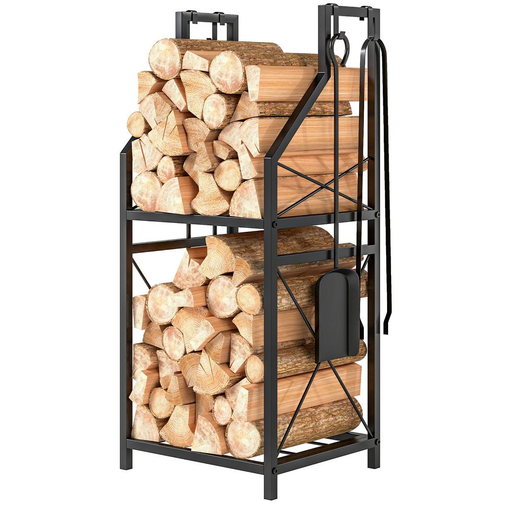 Metal Fireplace Firewood Rack, 2-Level Firewood Holder with 4 Tools Hooks, 34x30x80 Cm, Black
