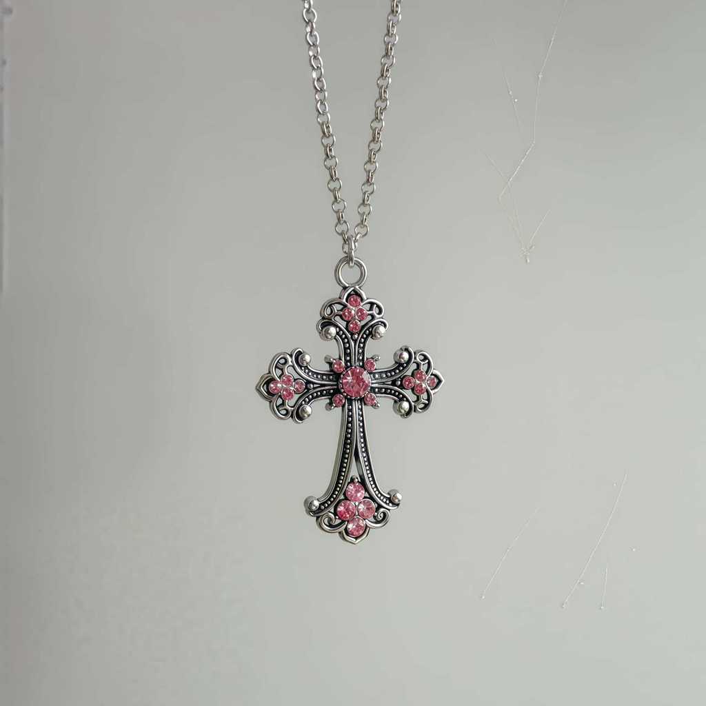 Gothic Cross Pendant Necklace With Dark Rose Design For Men And Women
