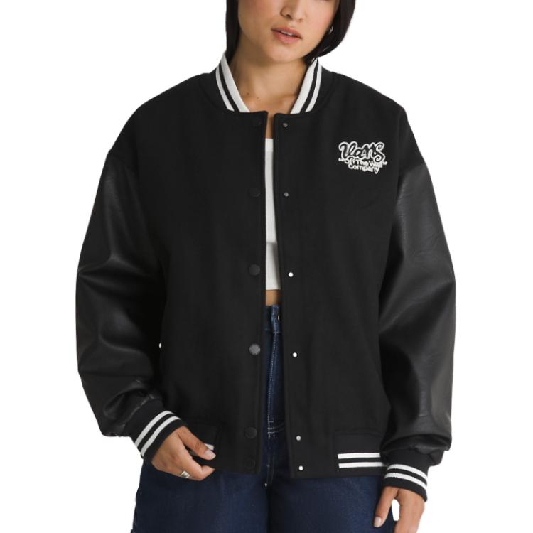Vans Varsity Club Bomber Jacket Loose Striped Letter Print Jacket Women Jacket Black VN000GJRBLK