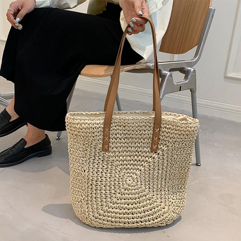 Yogodlns Summer Large Capacity Straw Shoulder Bag Rattan Beach Bags Woven Handle Bag