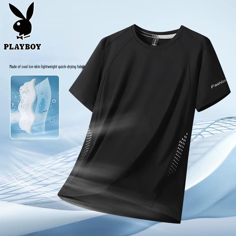 

PLAYBOY Men s Quick-Dry Ice Feel Short Sleeve T-Shirt 4XL