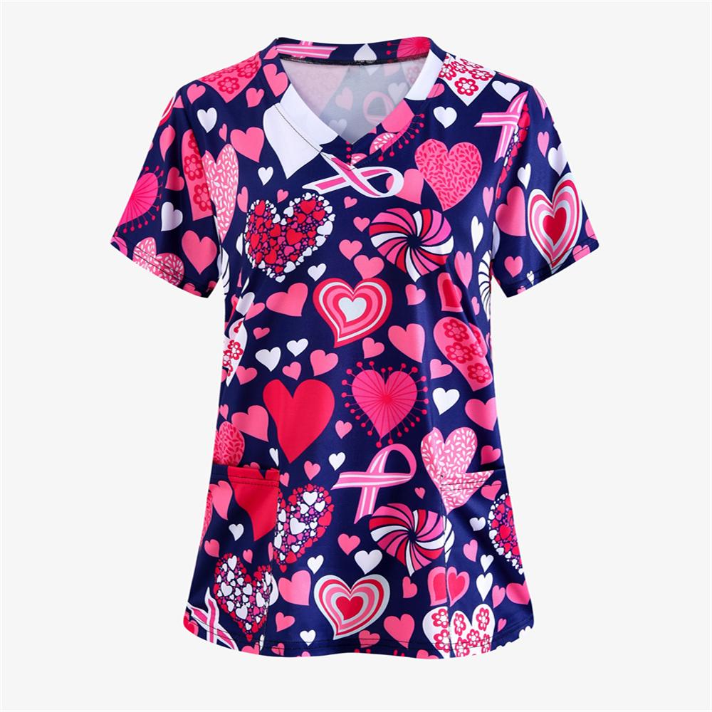 Uniforms Women Medical Elegant Heart Print Obstetrics Medico Top Fashion V-Neck Short Sleeve with Pocket Clinical Uniforms Woman