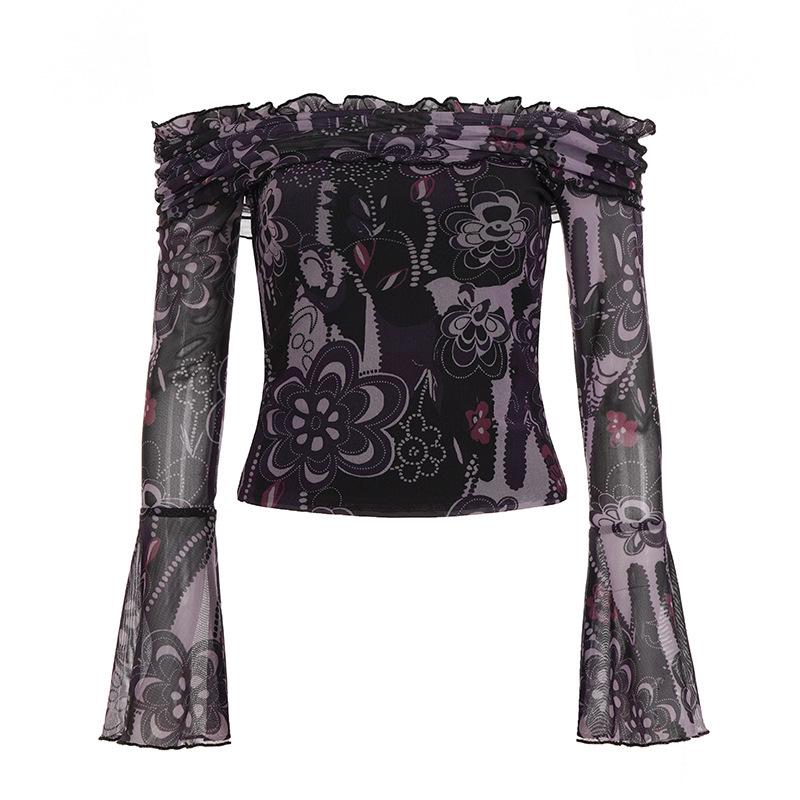 European and American Retro Printed One-Shoulder Lace Mesh Flare Sleeve Women s T-shirt Large цветочный