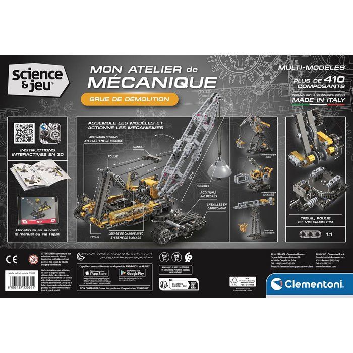 Grue de démolition - CLEMENTONI - Mon Atelier Mécanique - Des 8 ans - Fabriqué en Italie - Coffret de construction enfant