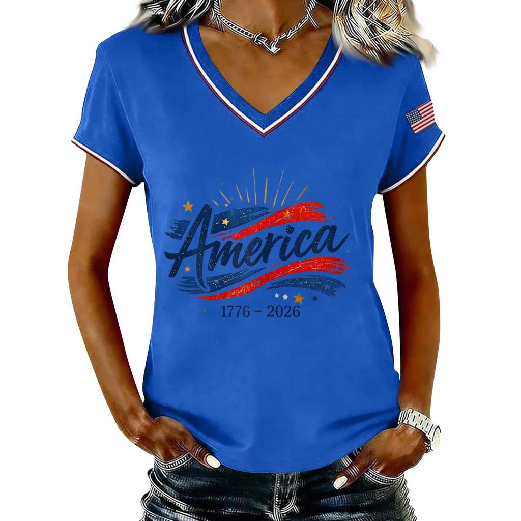 Damen Lässiger V-Ausschnitt Kurzarm Pullover Bedrucktes T-Shirt Top