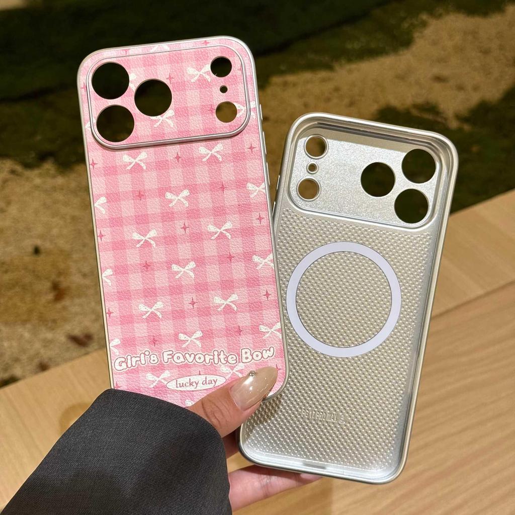 Pink Plaid Bow Magnetic Stand iPhone Case for Models 14, 15 Pro Max, 16, and Apple 17