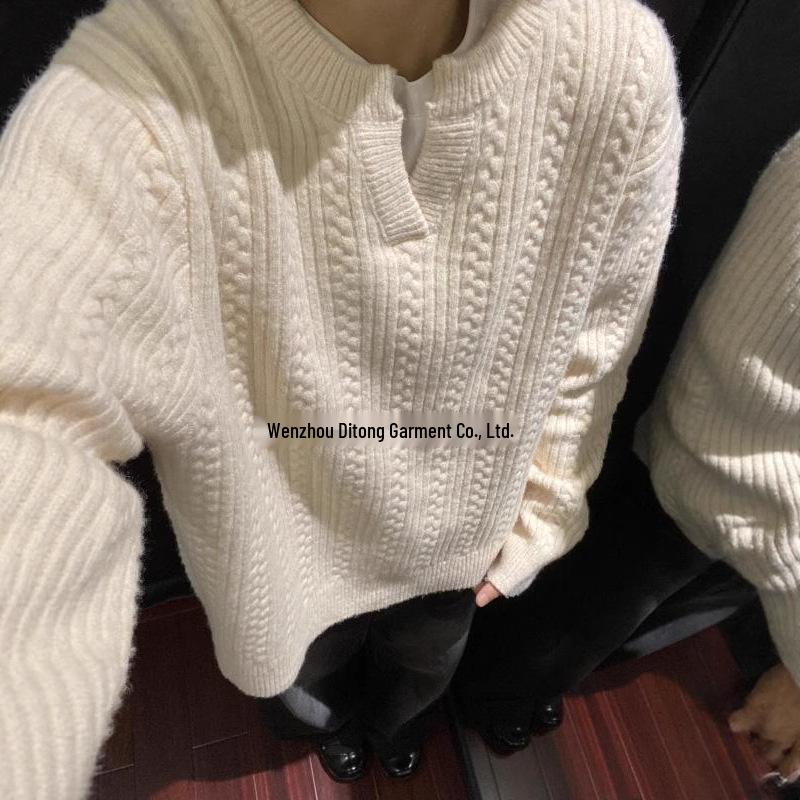 

Men s Trendy Retro Cable Knit Henley V-Neck Sweater for Winter Layering L абрикосовий