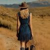 V-neck Faux Suede Lapel Tassel Dress with Zipper