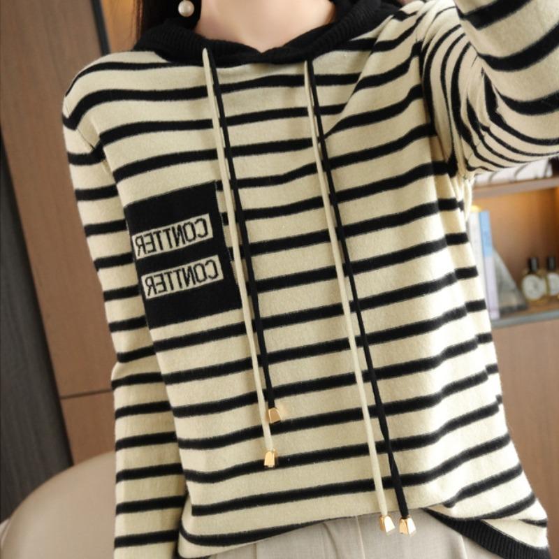 Women's Fashion Casual Stripe Print Autumn Winter Long Sleeve Hooded Loose Sweaters