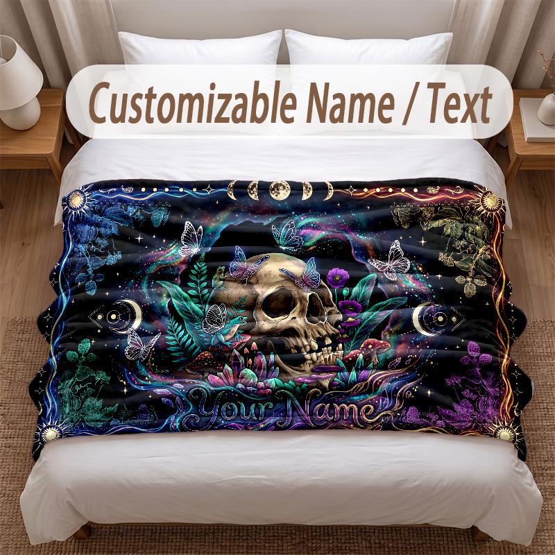 Skull Gothic Theme Soft Blanket Personalized Custom Name Text Print Warm Blanket Home Sofa Bedroom Decor