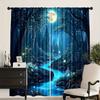 2PCS Digital Printed Curtains, Blue Magic Forest Stream Fireflies Moon, Enchanted Woodland Night Fairy Tale Window Decor