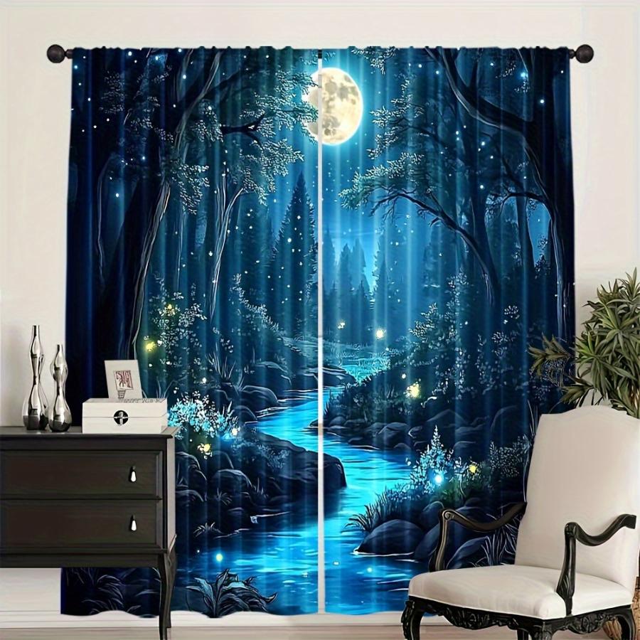 2PCS Digital Printed Curtains, Blue Magic Forest Stream Fireflies Moon, Enchanted Woodland Night Fairy Tale Window Decor
