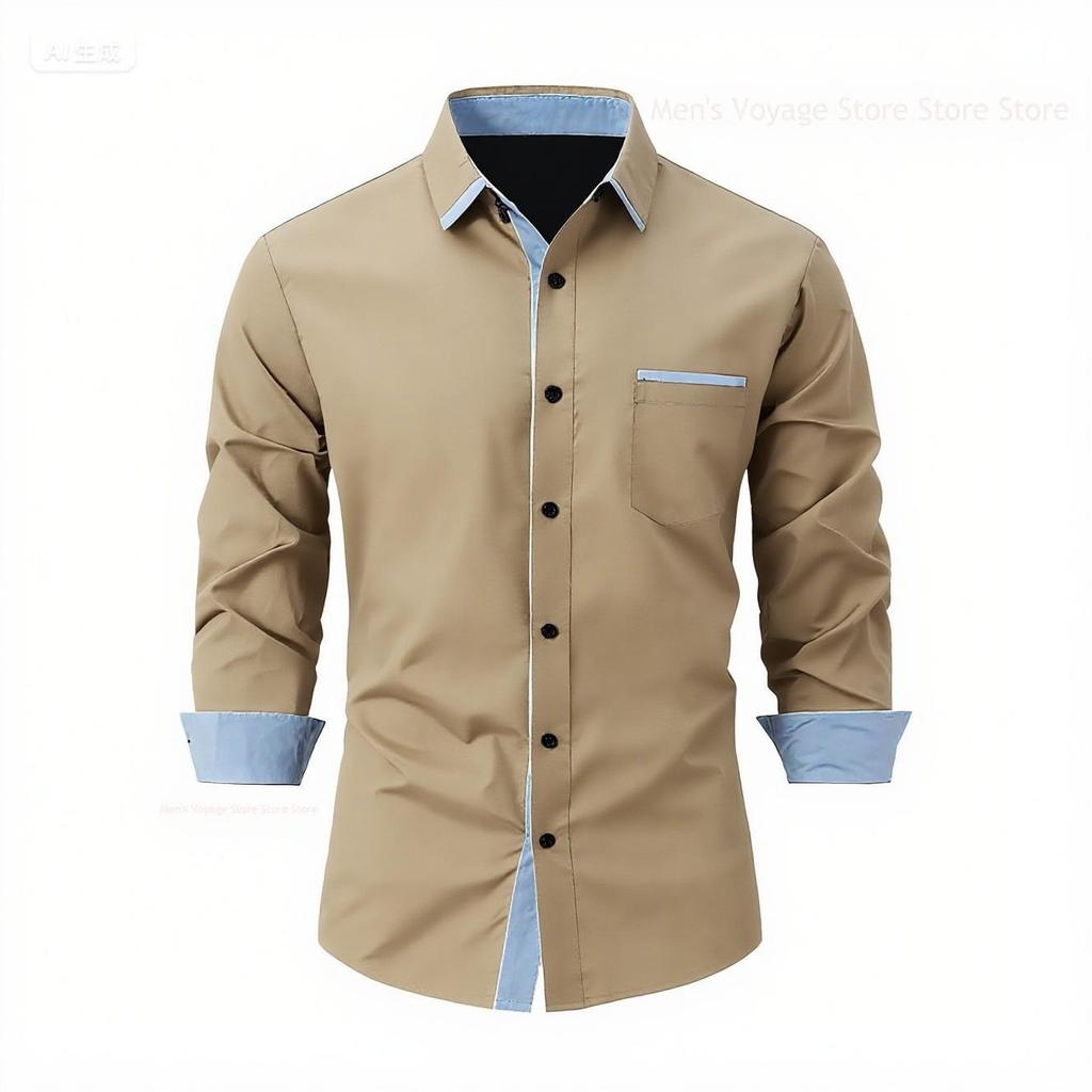 2026 Fashionable Men's Four-Way Stretch Men's Shirt Color Block Business Slim Long Sleeve High-End Shirt