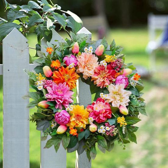 Fall Wreath for Front Door 16 Inch Artificial Floral Wreath with Peony Dahlia Leaves