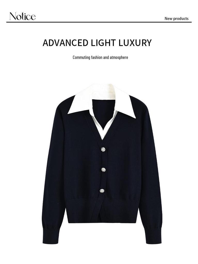 Women's Colorblock Faux Two-Piece Knitted Polo Top - Long-Sleeved, Autumn 2025, Casual & Elegant.