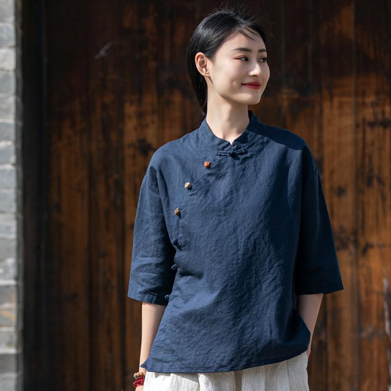 Damen Vintage Baumwolle Leinen Hemden und Oberteile Stehkragen Langarm Frühling Chinesischer Stil Knopf Locker Blusen Hemden