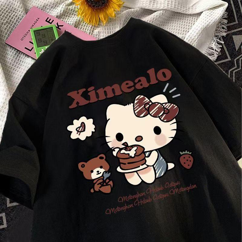 Sanrios 2026 Summer New Collection  HelloKitt Graffiti Cartoon Print Pure Cotton Breathable Womens ShortSleeved TShirt S