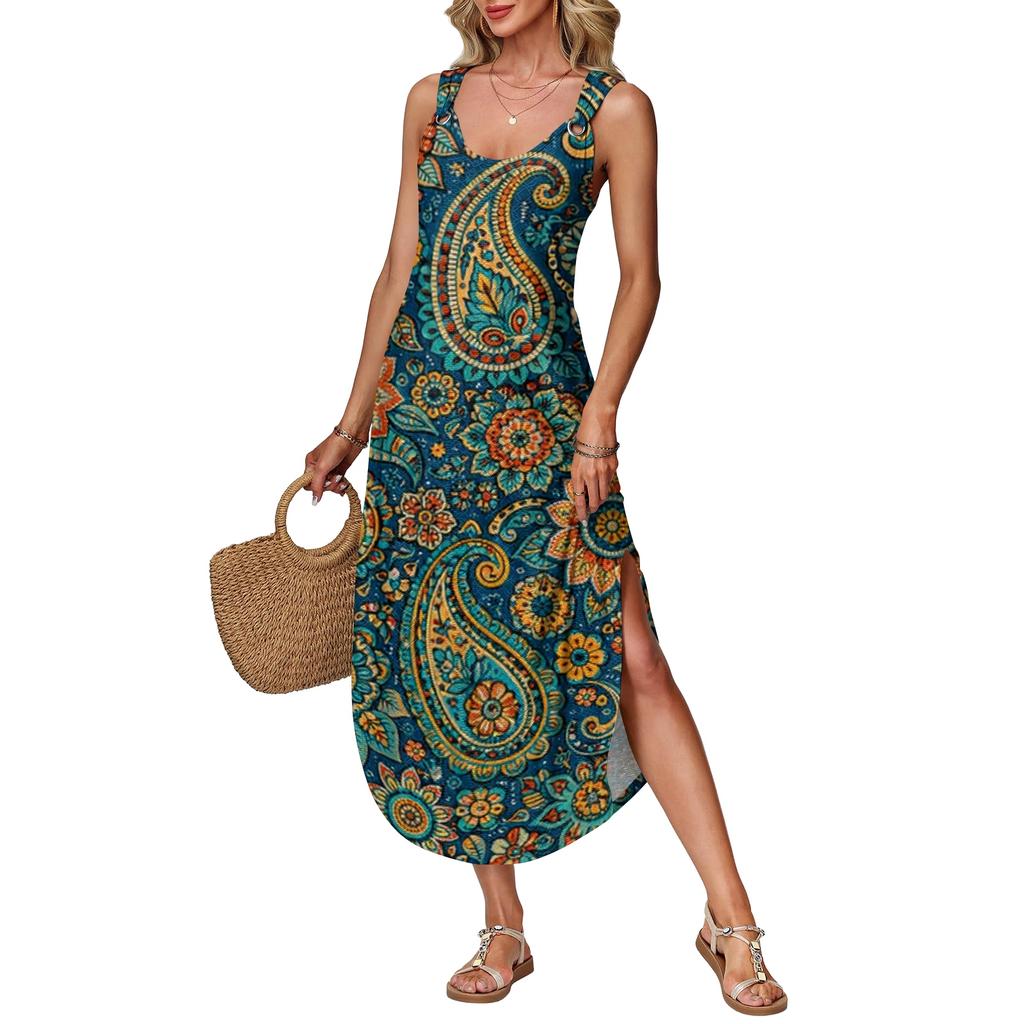 Women's Summer Long Dress, Sleeveless With Side Slits, Long Retro Printed Camisole Dress