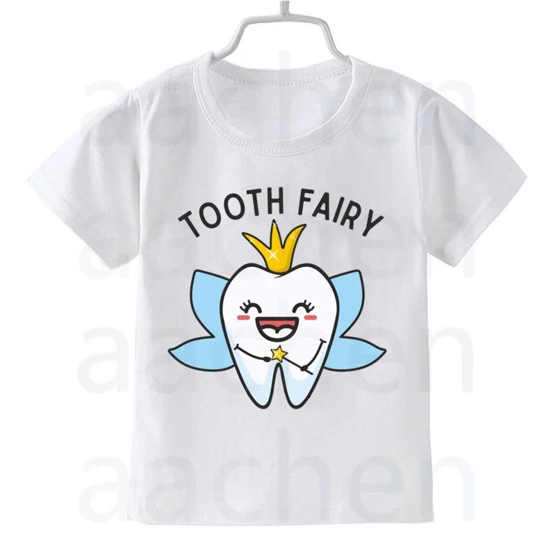 Tooth Dentist Cartoon Print Kid Cute White T Shirt Children Short Sleeve Clothing Funny Cartoon Party Top Boys and Girl Tshirt