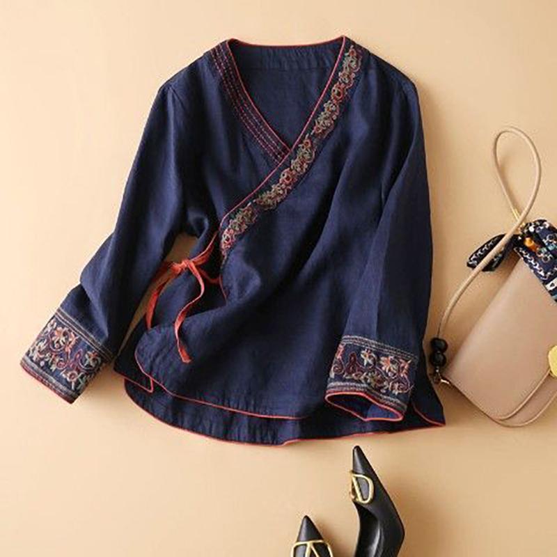 Camicia da Donna Primaverile Stile Cinese alla Moda Ricamo Artistico Vestibilità Larga Scollo a V Abbigliamento alla Moda da Donna