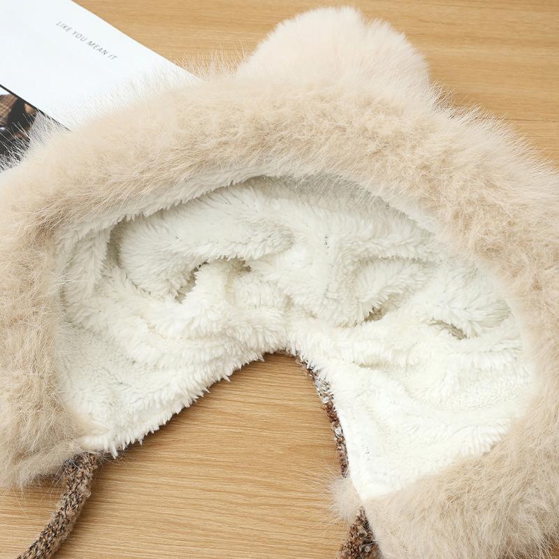 Winter Hat for Women Retro Knitted Hat Plus Velvet Thickened Ear Protection Cold Proof Wool Hat Cute Fur Ball Lace Head Hat