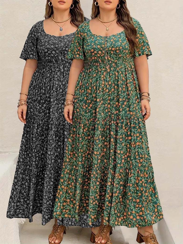 Bohemian Floral Plus Size Short Sleeve Maxi Dress