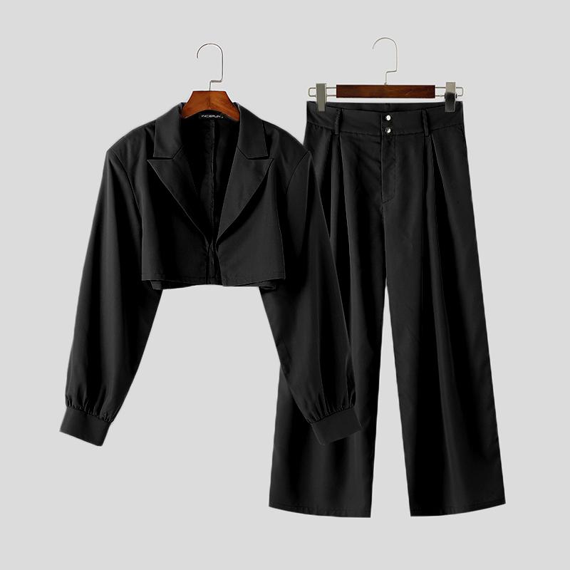 

INCERUN Мужские комплекты из двух предметов: укороченные топы с длинными рукавами, застегивающиеся на молнию, с высокой талией, длинные прямые брюки 4XL чёрный