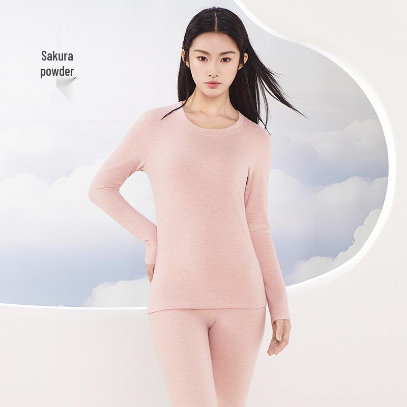 Cashmere Silk Round Neck Edged Antibacterial Fleece-Lined Women's Autumn Undershirt & Pants Set - Warm & Skin-Beautifying.