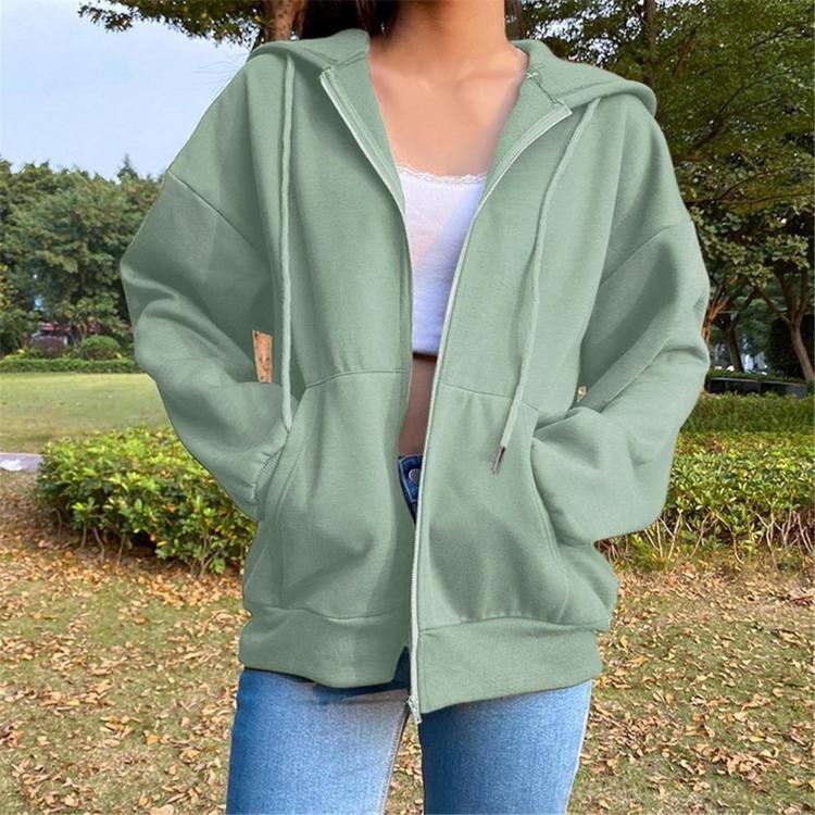 Women's Solid Color Fleece Zipper Jacket Loose Fit Long Sleeve Hooded Sweatshirt