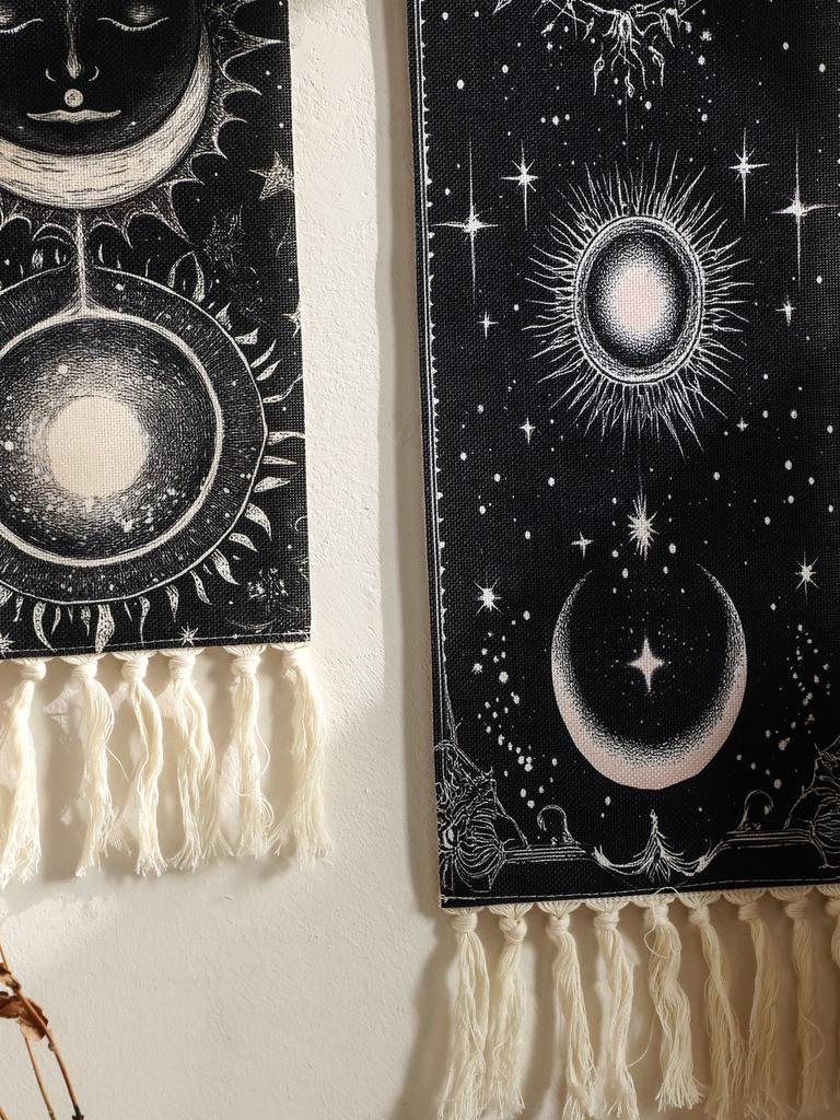 1pc Boho Celestial Wall Hanging Tapestry, Moon Phase Black and White Banner with Tassel, Witchy Bedroom Home Wall Art Decoration