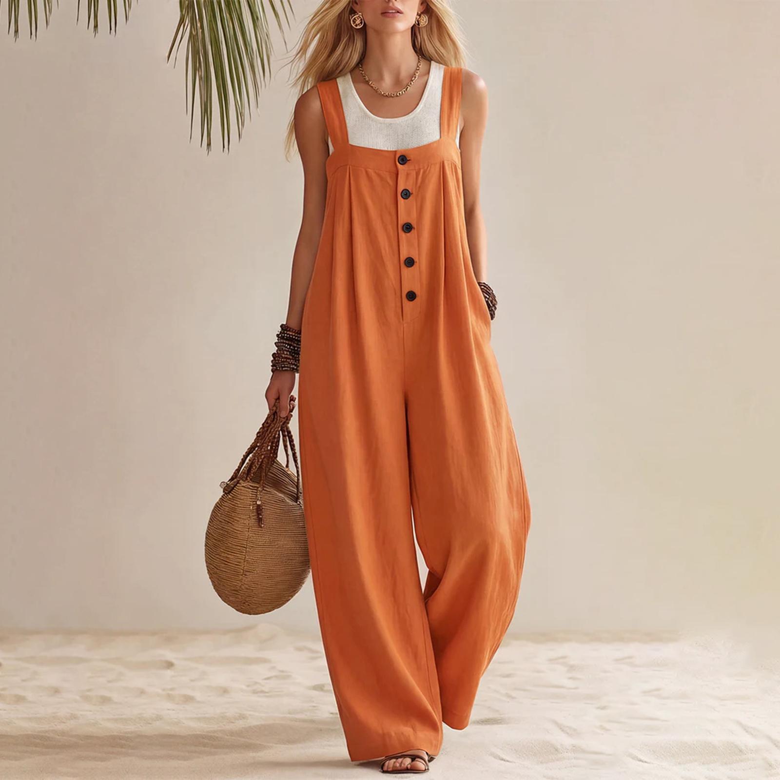 

Women s Color Casual Fashion Suspender Button Strap Jumpsuit XL шафрановий