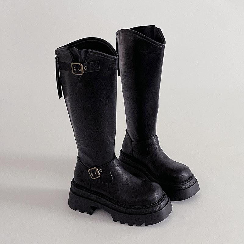 2025 autumn British style leather boots platform belt buckle knight boots women's fashion retro versatile but knee fashion boots