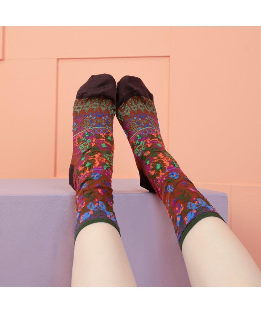 Kokyu Antigua Flower Socks - Brown [Cq-Ct-24-1-N4M-030]