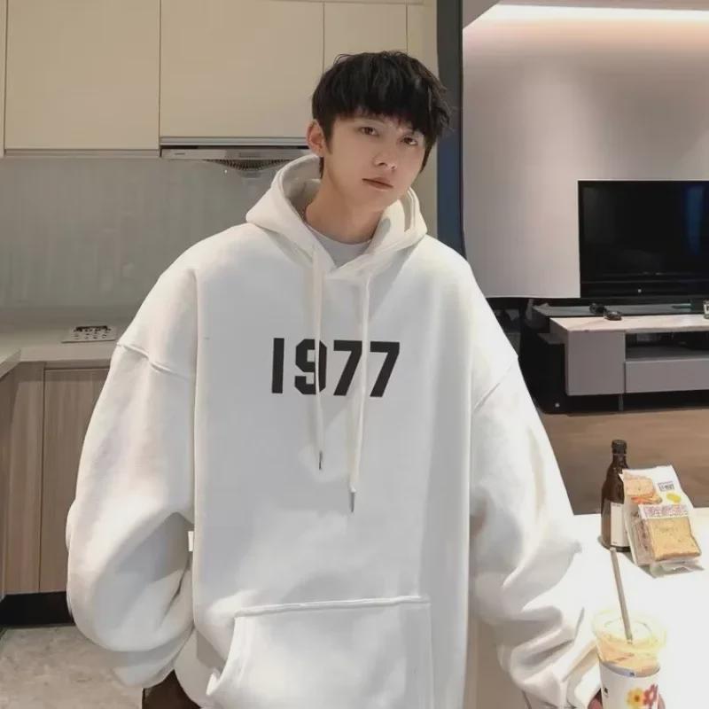 1977 American Fashion Men's Oversized Hooded Sweatshirt - Spring/Autumn, Heavy Velvet, High Street Couple Style.