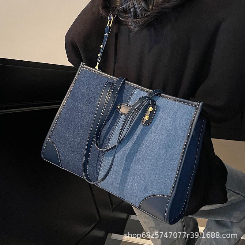 Fashion Color-blocking Tote Large Bag Women's 2025 New Casual Denim Commuter Bag Large-capacity Versatile Crossbody Bag