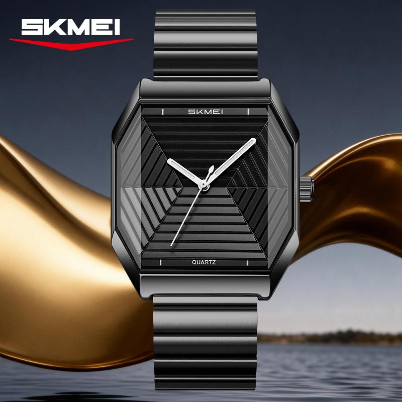 Skmei 9393 Unique Famous Mens Quartz Watch Stylish Stainless Steel Band Square Special Design Casual Wrist Watch