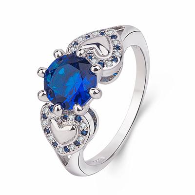 Blue Sapphire Engagement Ring 14k Love Plated Diamond Ring Art Style Hand Jewelry