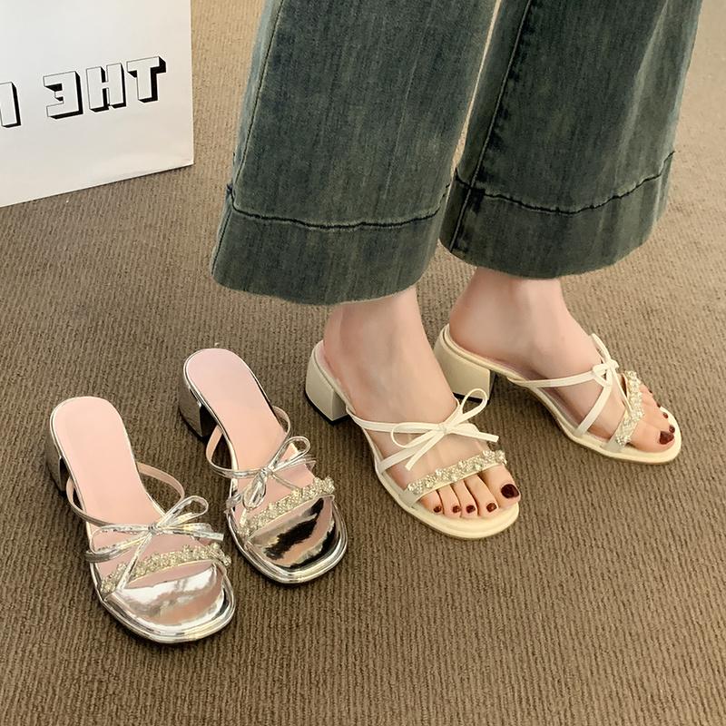 Fashion Med Square heel Slippers Casual Shoes Slipers Women Slides Butterfly-Knot Block Luxury 2025 Silver Butterfly-knot Slippers Casua