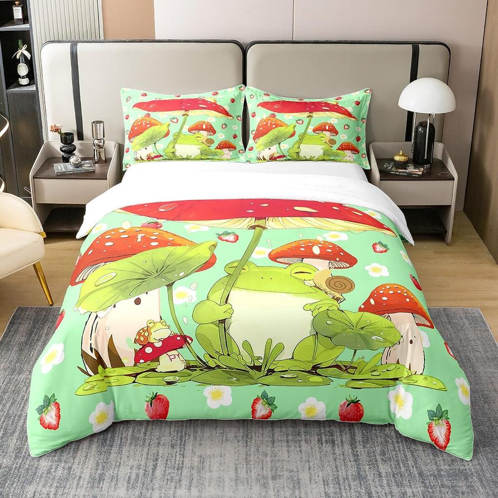 Frog And Lotus Leaf Duvet Cover Sets For Kids Boys Girls Lightweight Quilt Covers Green Animals Themed Bedding Set Bedroom Decor